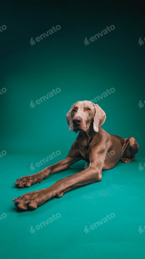 Preview: Weimaraner dog lying down on teal background