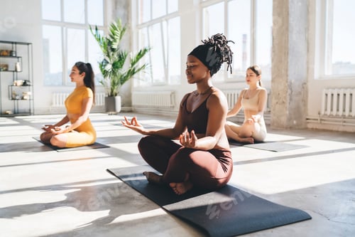 Preview: Meditating women practicing yoga in studio