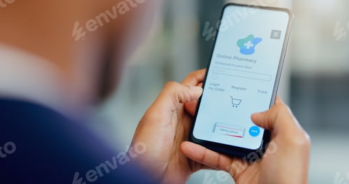 Preview: Hands, phone and man online pharmacy app for treatment, medication or supplements at home. Technolo