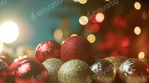 Preview: Christmas Ornaments and Defocused Holiday Lights Backdrop