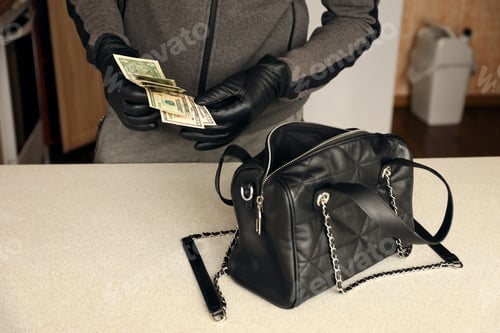 Preview: Robber in black outfit and gloves see in opened stolen women bag