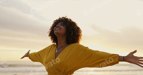 Preview: Sunrise, beach and happy woman for freedom, vacation and holiday weekend in Miami with smile. Ocean