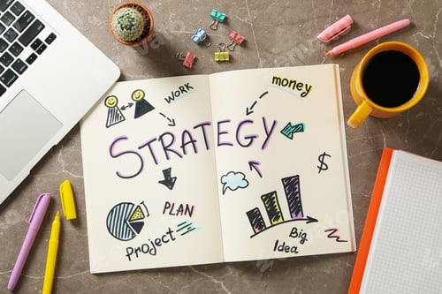 Preview: Concept of business strategy on gray table, top view