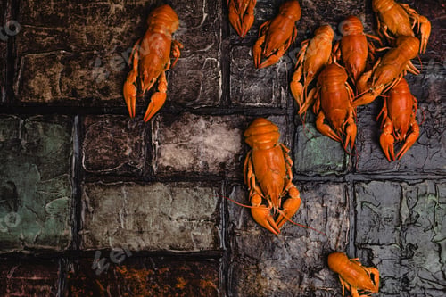 Preview: top view of delicious lobsters on brick wall surface