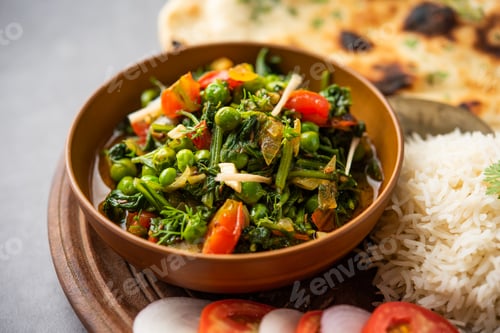 Preview: palak matar curry also known as spinach geen peas masala sabzi or sabji, indian food
