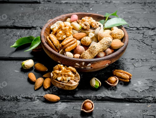 Preview: Different types of nuts in bowl.