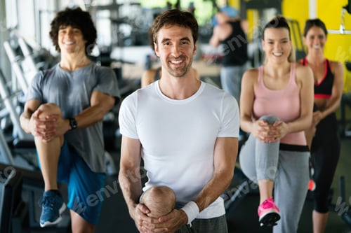 Preview: Group of healthy fit people at the gym exercising