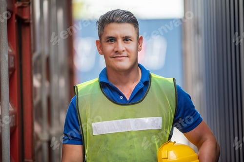 Preview: Portrait of foreman worker standing at Container cargo harbor to loading containers