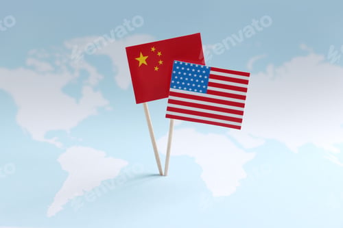 Preview: American and Chinese flags on world map. Trade war concept