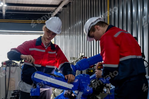 Preview: team engineers inspecting on machine at heavy machine robot arm