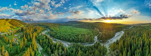 Preview: Sunrise over river in tatras Mountains. Aerial Drone Panoramic view