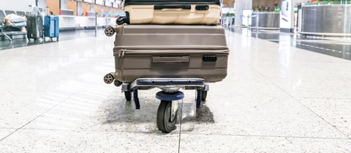 Preview: Young woman traveling solo.Traveller alone at the airport with suitcases,big luggage,travel banner