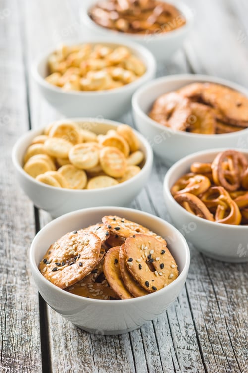 Preview: Mixed salty snack crackers and pretzels.