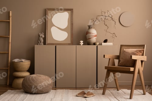 Preview: Warm and cozy composition of living room interior with rug, personal accessories Home decor Template
