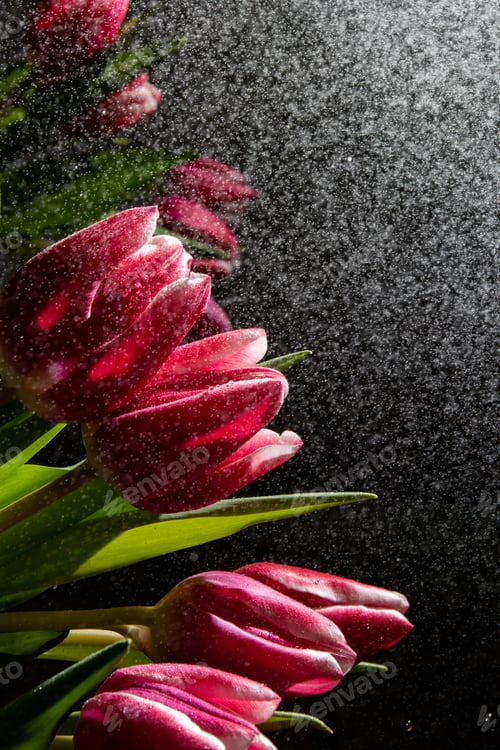 Preview: pink tulips with white bokeh on the dark background