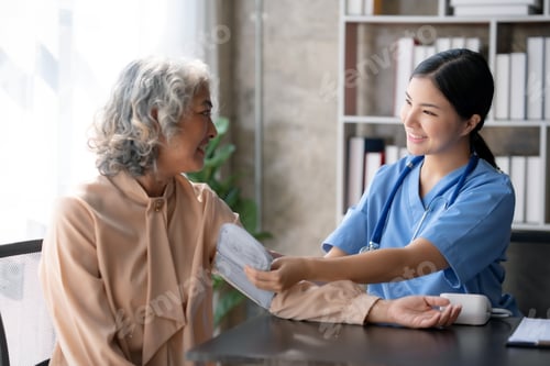 Preview: Asian female doctor measuring blood pressure for an elderly female patient.