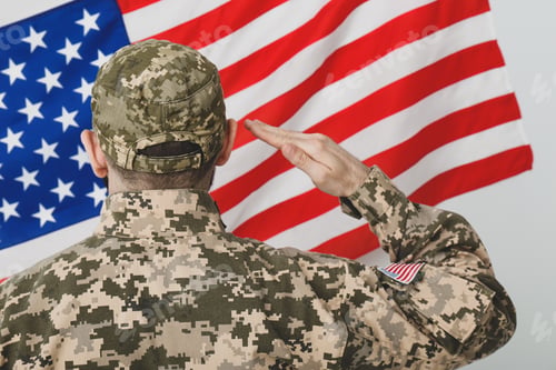 Preview: Soldier in uniform and United states of America flag on white background, back view