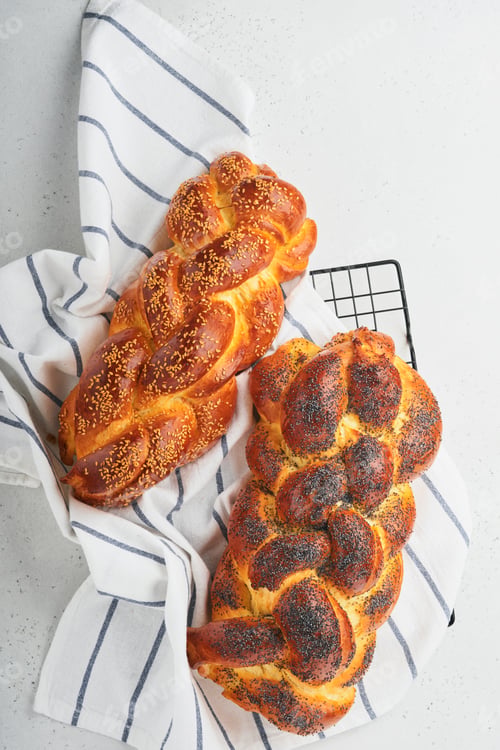 Preview: Сhallah bread. Sabbath kiddush ceremony composition. Freshly traditional baked homemade braided cha