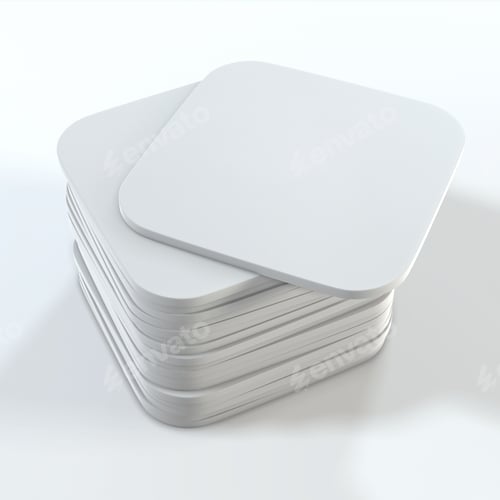 Preview: Stack of white square coasters. Mock up template for your design.