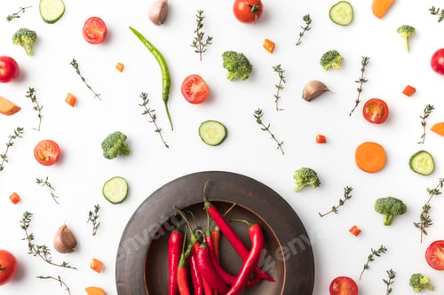 Preview: Top view of red chili peppers on black plate among vegetables isolated on white
