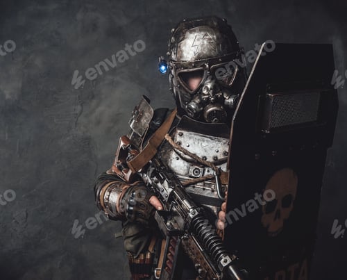 Preview: Military stalker with shield and gun in dark background