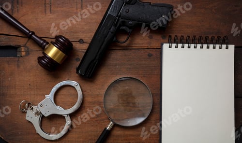 Preview: Judge gavel, handgun, handcuffs and a blank notepad on wooden background,