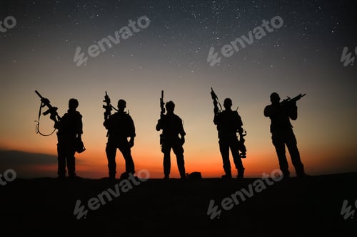 Preview: Soldiers silhouetted against a twilight sky with stars in the background
