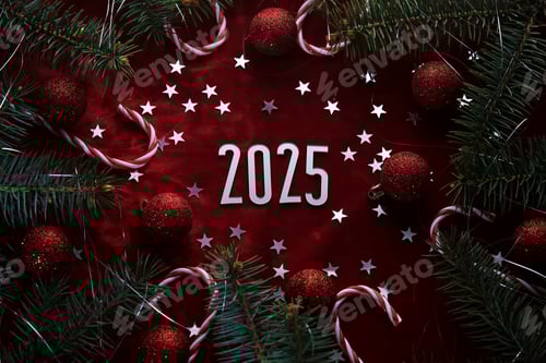 Preview: New Year red 2025 background. Number of the coming year in Christmas decoration.