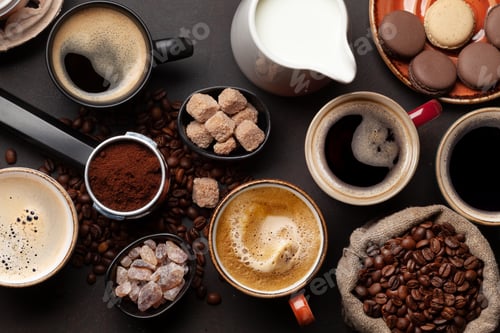 Preview: Fresh cappuccino and espresso coffee, roasted coffee beans, sugar and milk