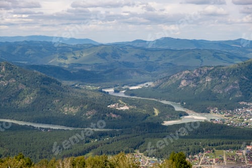Preview: Amazing view of mountains and forest landscape with cloudy skies Altai