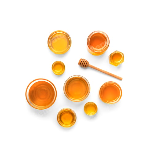 Preview: Composition from different jars with honey on isolation.