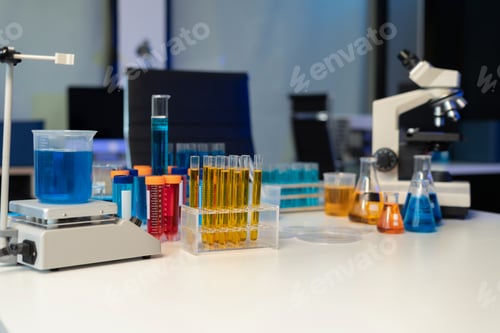 Preview: workspace area science lab test tubes, lab equipment.