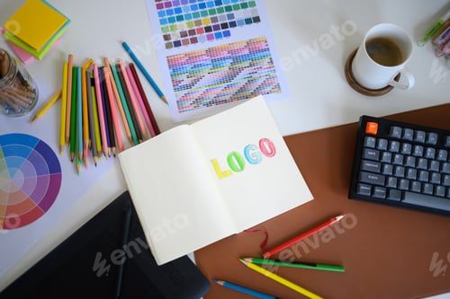 Preview: Top view of creative workspace with colorful pencils, color palette, and notebook