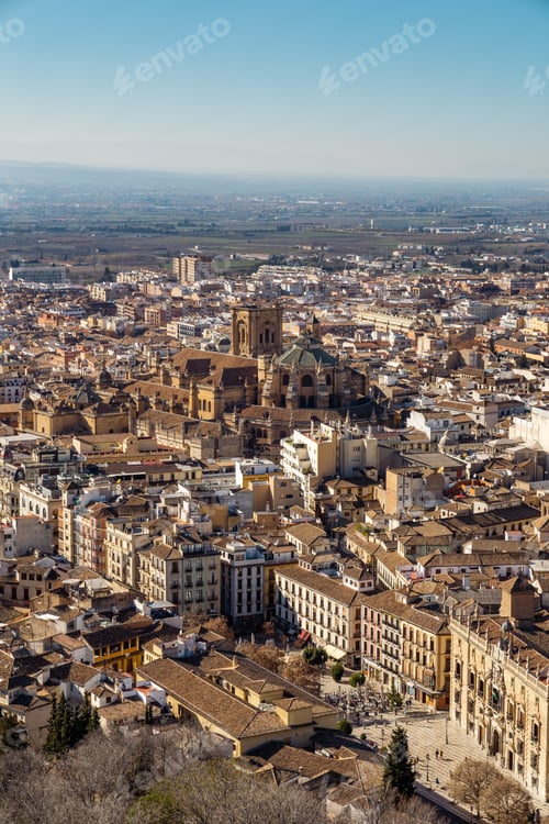 Preview: Aerial view of the Granda Cathedral in the city center. Andalusia, Spain.