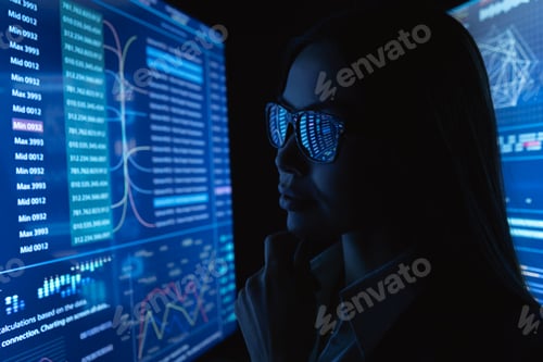 Preview: The businesswoman looks on a blue monitor.