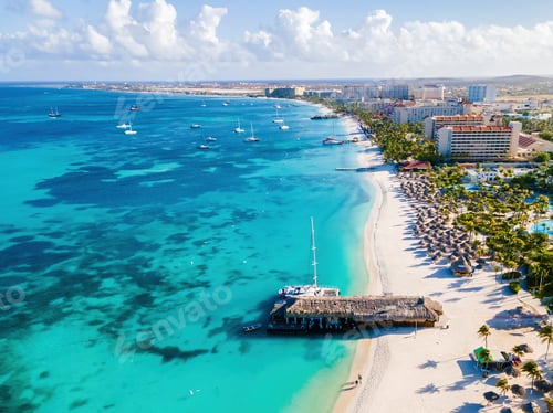 Preview: Palm Beach Aruba Caribbean, white long sandy beach with palm trees at Aruba Antilles