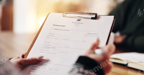 Preview: Hands, person and document for pension fund with information, law agreement or legal contract. Fina