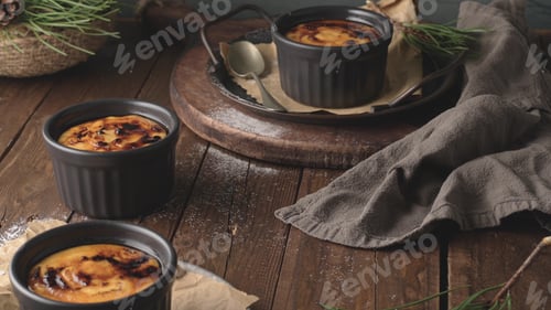 Preview: Three ramekins of creamy custard with a caramelized sugar crust
