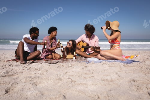 Preview: Happy diverse group of friends having fun and drinking beer while sitting on blanket at beach