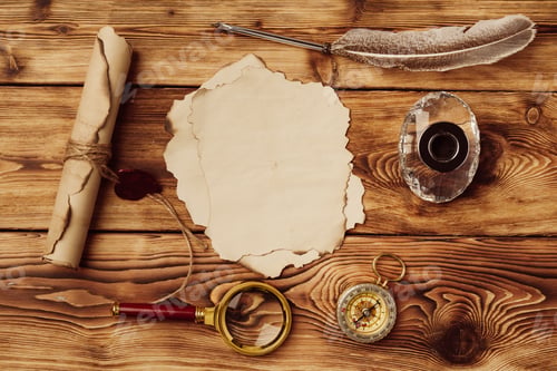 Preview: Old paper on brown wood background with feather