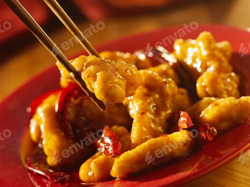 Preview: Chinese food - Eating general tso's chicken with chopsticks.