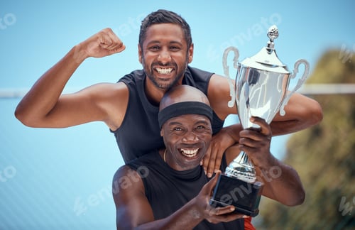 Preview: Sports men trophy, award and winning success, prize and achievement of teamwork, happy and smile at