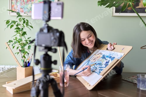 Preview: Artist, teenage girl, draws and records on video camera for his blog