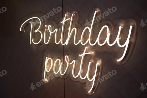 Preview: Birthday Party neon sign. Glowing neon lettering Birthday template