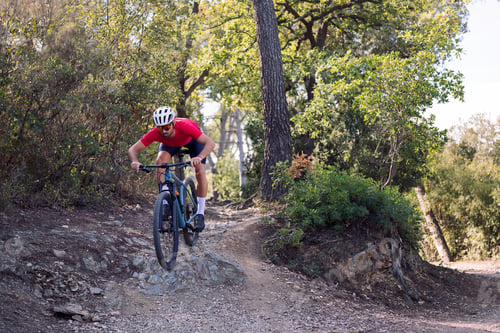 Preview: cyclist descending on a trail on his mountain bike