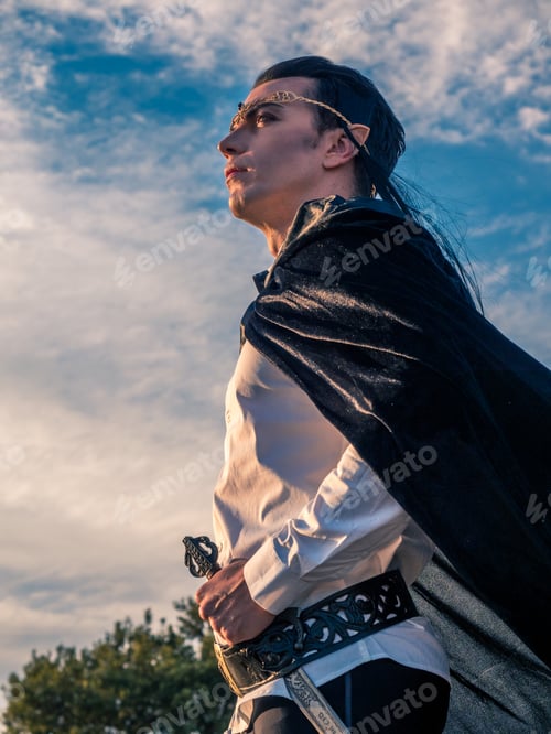 Preview: Brown-haired man with elf ears, tiara on head and black cape, looks forward