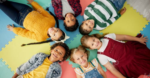 Preview: Children, relax and circle on mat in school with funny faces top view for relax, fun and classroom.