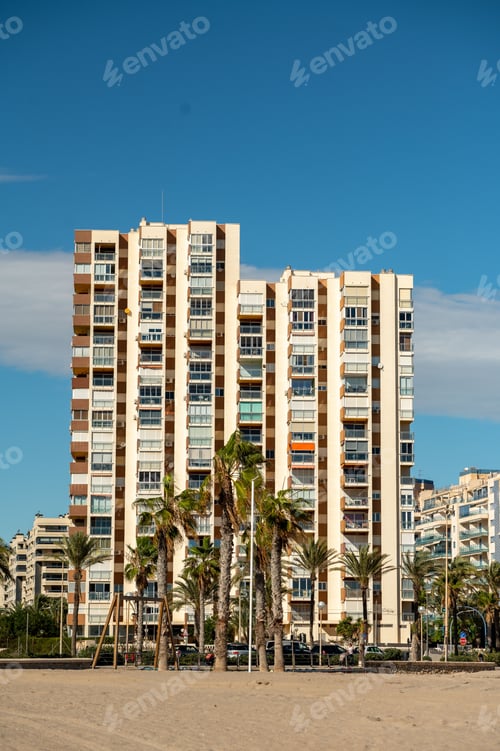 Preview: palm trees in front of tall buildings with windows in the middle