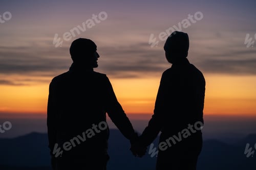 Preview: The silhouette of the couple on the mountain with a sunrise background