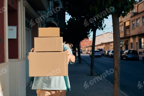 Preview: A man holds boxes in the street